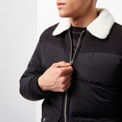 Black Bellfield borg collar puffer jacket